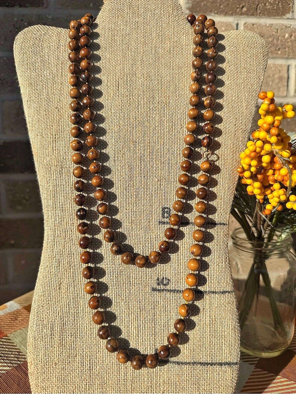 Brown Wood-Look Beaded Double Strand Long Boho Necklace